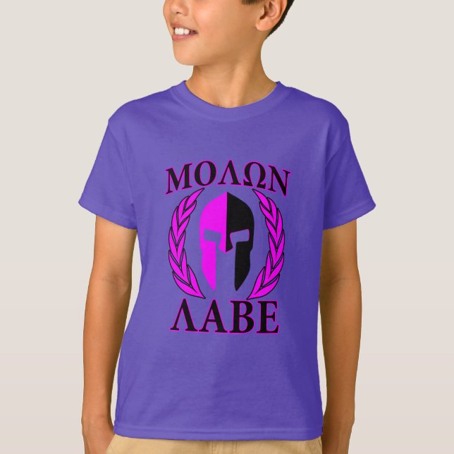 Molon Labe spartanisches Sturzhelm-Lorbeer-Pink T-Shirt (Vorderseite)