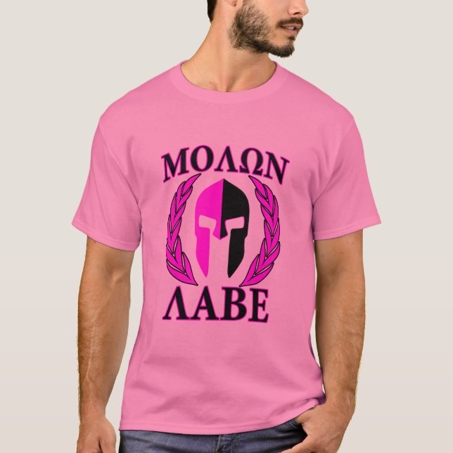 Molon Labe spartanisches Sturzhelm-Lorbeer-Pink T-Shirt (Vorderseite)