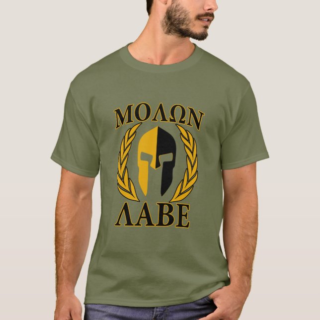 Molon Labe wärmen spartanische Sturzhelm-Lorbeer T-Shirt (Vorderseite)
