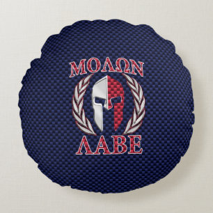 Molon Labe Warrior Mask Blue Carbon Fibre Print Rundes Kissen