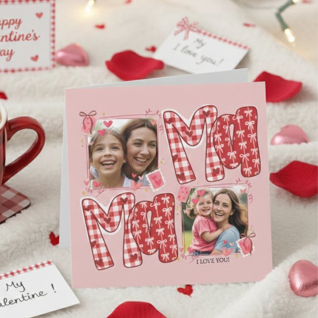 Mom and Child Photo Valentines Red Plaid Love Karte (Von Creator hochgeladen)