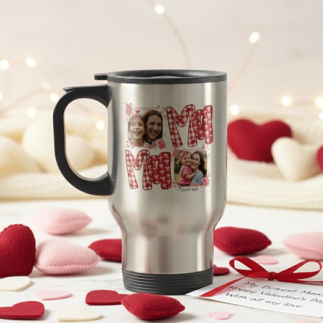 Mom and Child Pink Red Plaid Valentine Love Reisebecher (Von Creator hochgeladen)