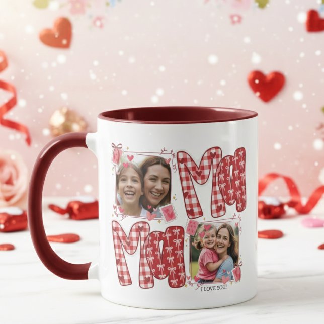 Mom and Child Valentine Hearts Pink Red Plaid Tasse (Von Creator hochgeladen)