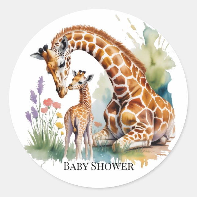 Mom and Me Watercolor Giraffe Baby Shower Runder Aufkleber (Vorderseite)