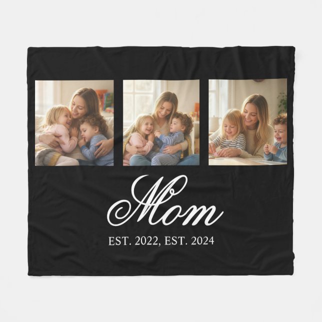 Mom Established Black Elegant Script 3 Photo Fleecedecke (Vorderseite (Horizontal))