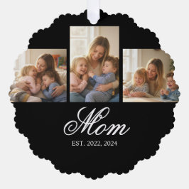 Mom Established Black Elegant Script 3 Photo Ornament Karte