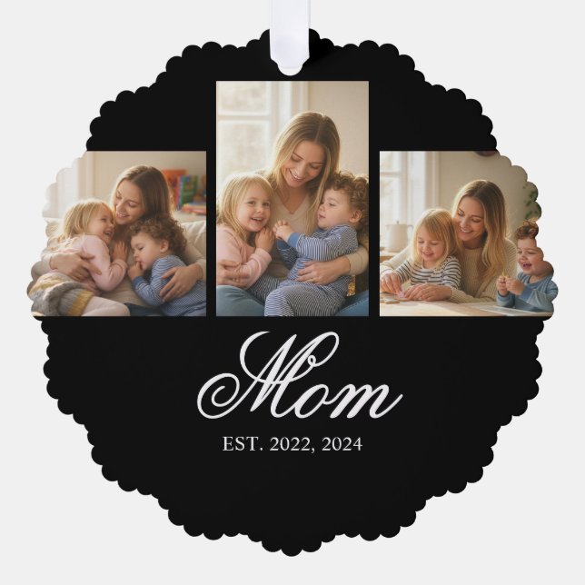 Mom Established Black Elegant Script 3 Photo Ornament Karte (Vorderseite)