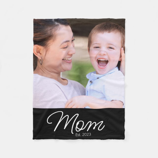 Mom Established Black Modern Script Photo Fleecedecke (Vorderseite)