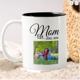 Mom Established Black Script Photo Gift Zweifarbige Tasse