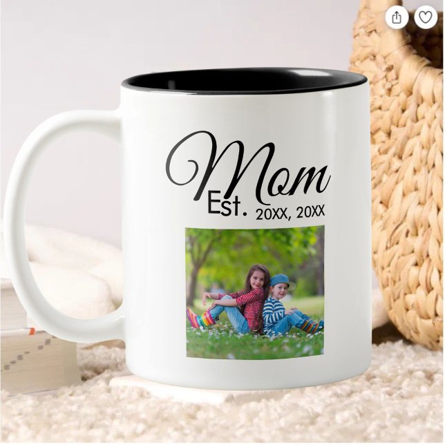 Mom Established Black Script Photo Gift Zweifarbige Tasse (Von Creator hochgeladen)