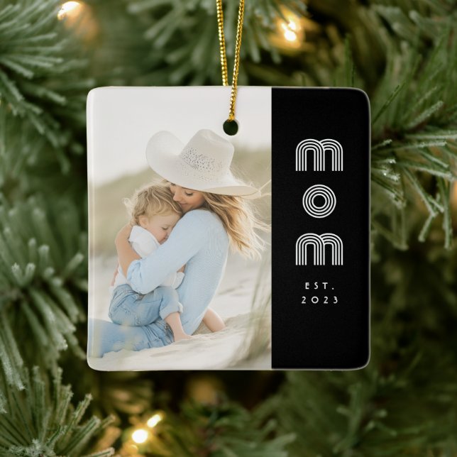 Mom Established Black White Retro Script Photo  Keramikornament (Baum)