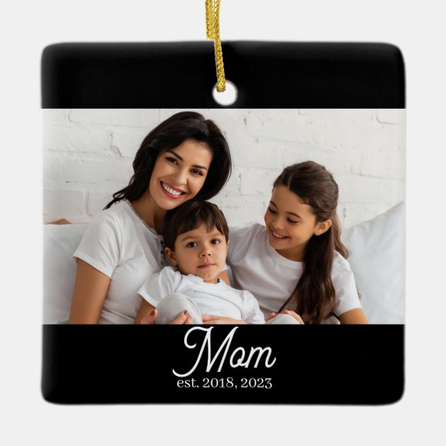Mom Established Black White Script Photo Ceramic O Keramikornament (Vorderseite)