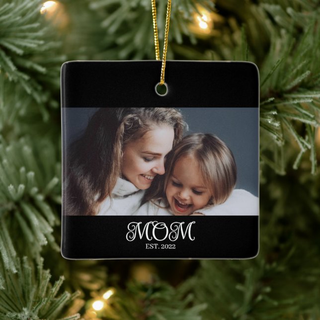 Mom Established Black White Script Photo Keramikornament (Baum)