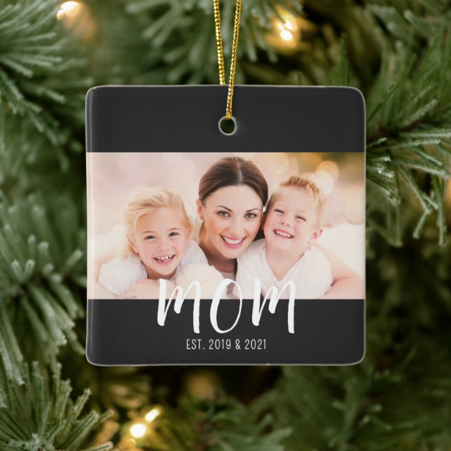 Mom Established Black White Script Photo Keramikornament (Baum)