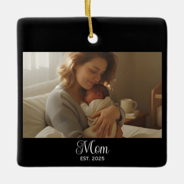 Mom Established Black White Script Photo Keramikornament (Vorderseite)