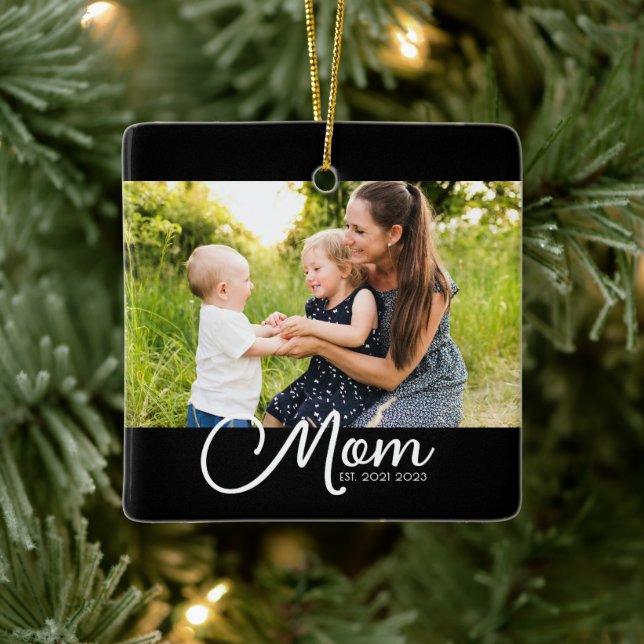 Mom Established Black White Script Photo  Keramikornament (Baum)