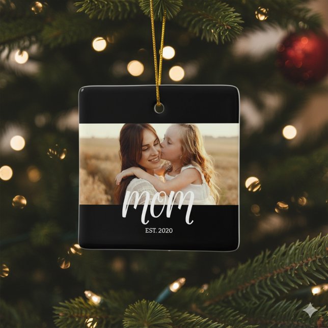 Mom Established Black White Script Photo  Keramikornament (Von Creator hochgeladen)