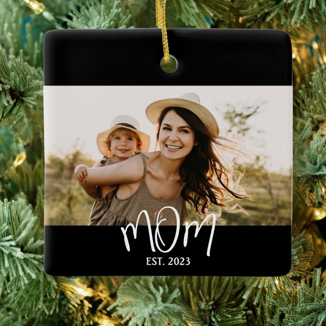 Mom Established Black White Script Photo Keramikornament (Von Creator hochgeladen)