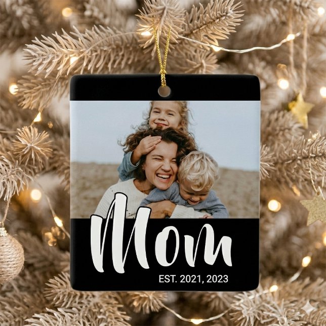 Mom Established Black White Script Photo Keramikornament (Mom Established Black White Script Photo Ceramic Ornament)