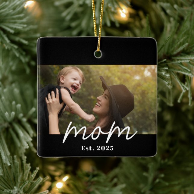 Mom Established Black White Script Photo Keramikornament (Baum)