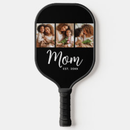 Mom Established Date Fun Script on Black 3 Photo Pickleball Schläger