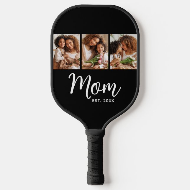 Mom Established Date Fun Script on Black 3 Photo Pickleball Schläger (Vorderseite)
