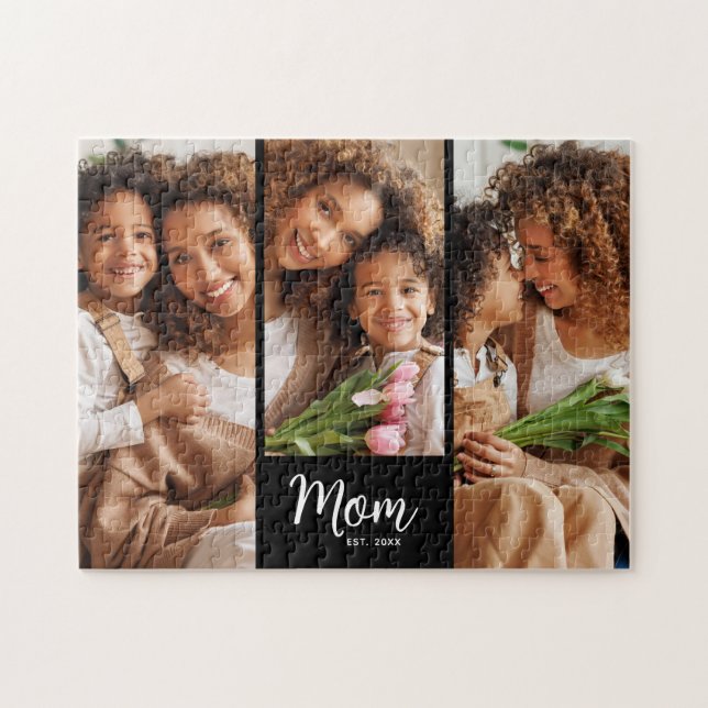 Mom Established Date Script 3 Photo Bold Modern Puzzle (Horizontal)