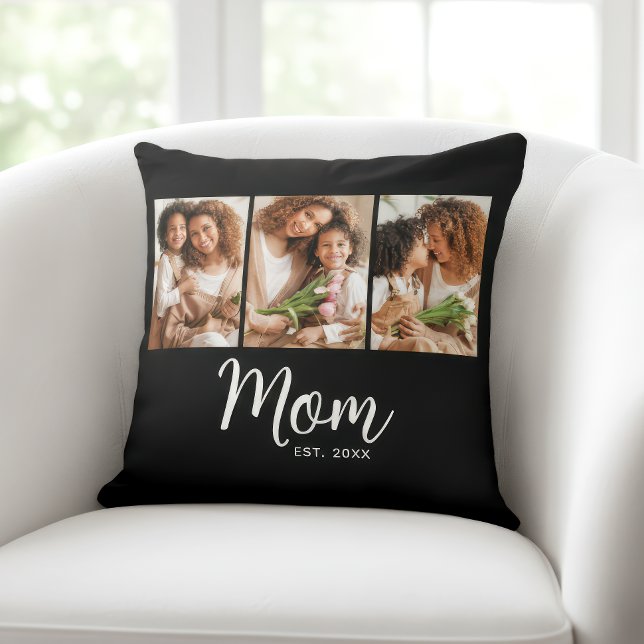 Mom Established Date Stylish Script Black 3 Photo Kissen (Von Creator hochgeladen)