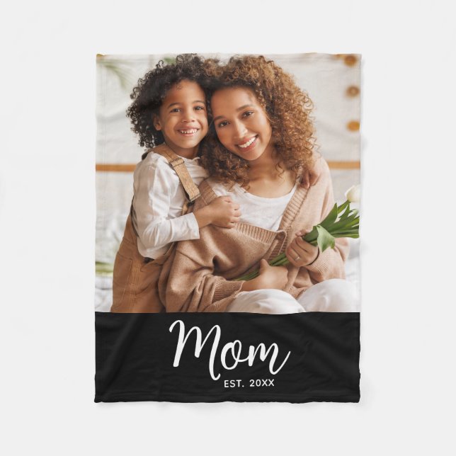 Mom Established Date White Script on Black Photo Fleecedecke (Vorderseite)