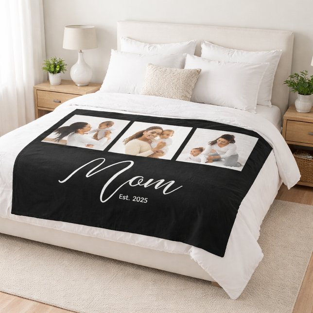 Mom Established Elegant Script Black 3 Photo Fleecedecke (Von Creator hochgeladen)