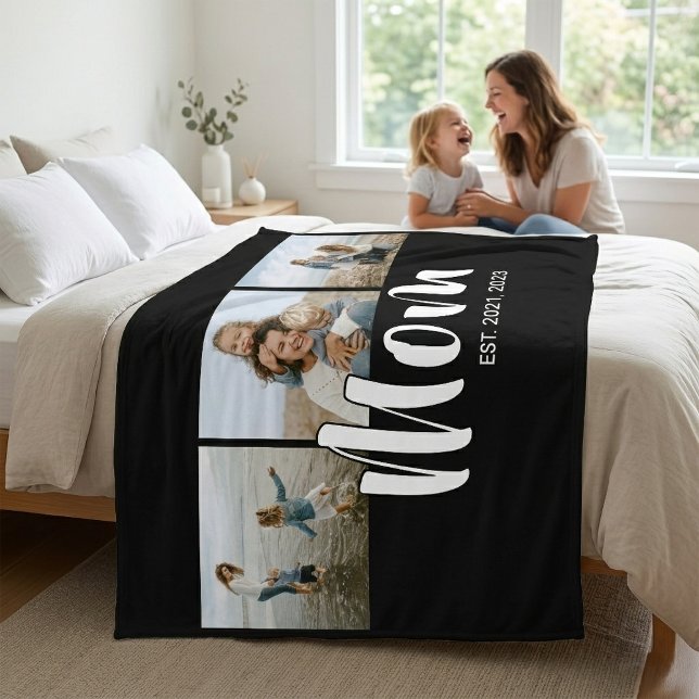 Mom Established Elegant Script Black 3 Photo Fleecedecke (Mom Established Elegant Script Black 3 Photo Fleece Blanket)