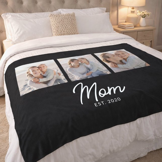 Mom Established Elegant Script Black 3 Photo Fleecedecke (Von Creator hochgeladen)