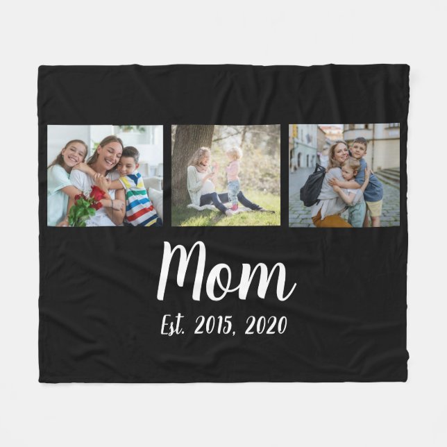 Mom Established Elegant Script Black 3 Photo Fleecedecke (Vorderseite (Horizontal))