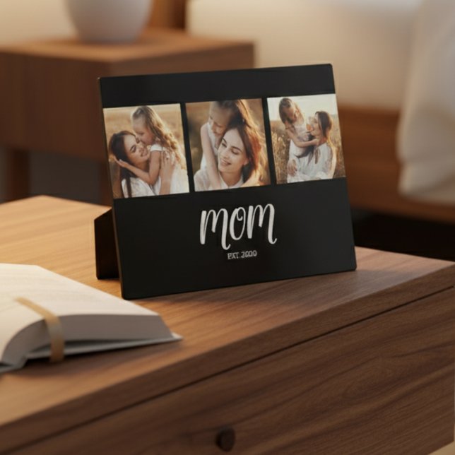 Mom Established Elegant Script Black 3 Photo Fotoplatte (Von Creator hochgeladen)