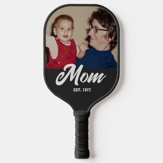 Mom Established Fun Script Photo Pickleball Schläger (Vorderseite)