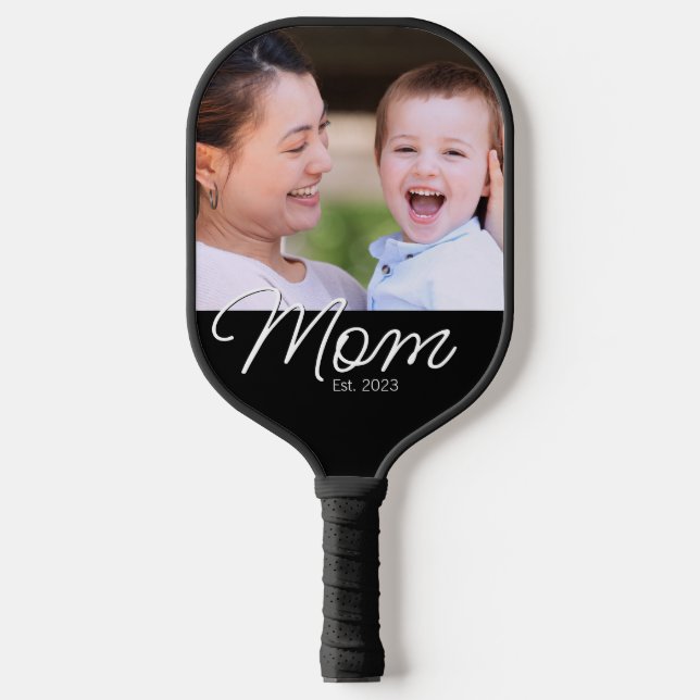 Mom Established Fun Script Photo Pickleball Schläger (Vorderseite)