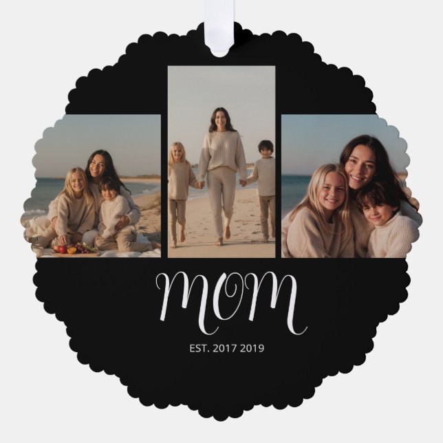 Mom Established Graceful Script Black 3 Photo Ornament Karte (Vorderseite)