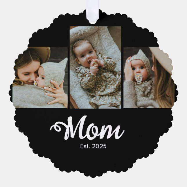 Mom Established Modern Bold Script Black 3 Photo Ornament Karte (Vorderseite)