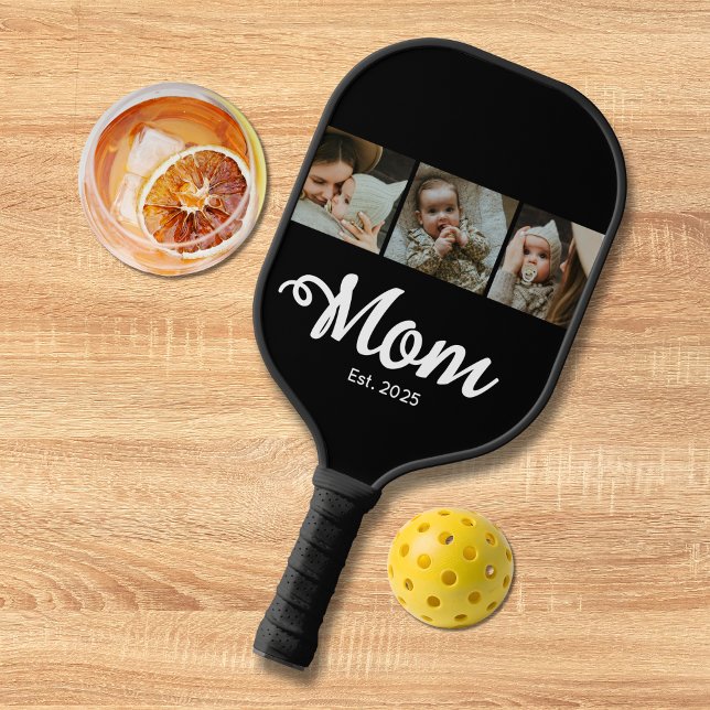 Mom Established Modern Bold Script Black 3 Photo Pickleball Schläger (Mom Established Modern Bold Script 3 Photo Black White Pickleball Paddle with Photos, Mom, Years.)