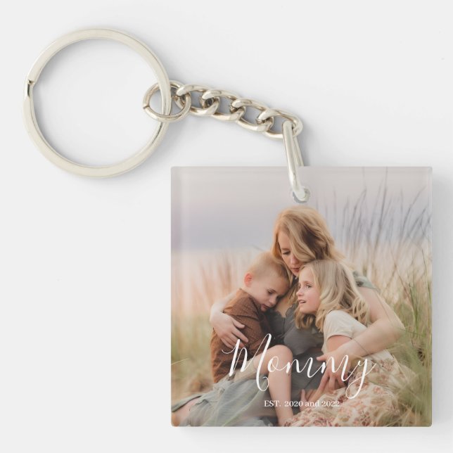 Mom Established Modern Elegant Script Photo  Schlüsselanhänger (Vorderseite)