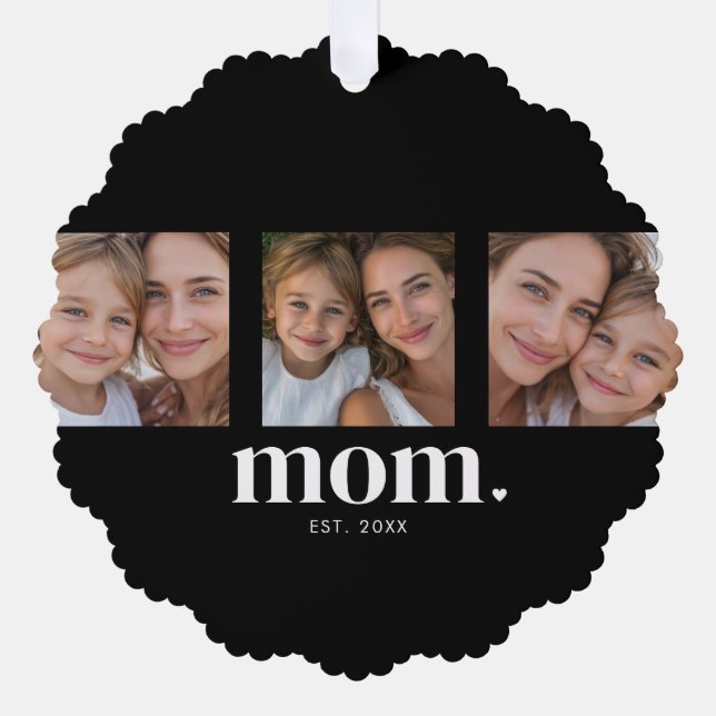 Mom Established Modern Minimal Black 3 Photo Ornament Karte (Vorderseite)