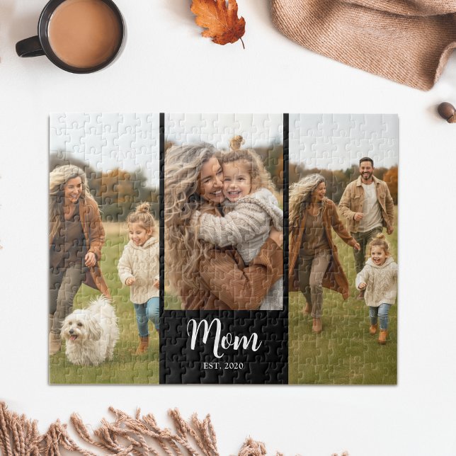 Mom Established Modern Script 3 Photo Black Puzzle (Mom established script text with 3 of your favorite photos)
