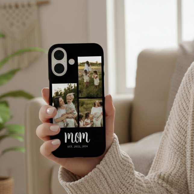Mom Established Modern Script Black 3 Photo Case-Mate iPhone Hülle (elegant 3 photo mom established phone case with dates years for mothers day christmas gift for moms)
