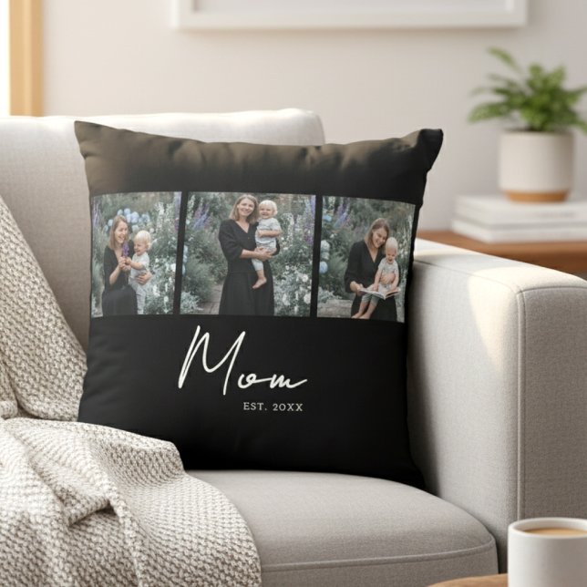 Mom Established Modern Script Black 3 Photo Kissen (Von Creator hochgeladen)