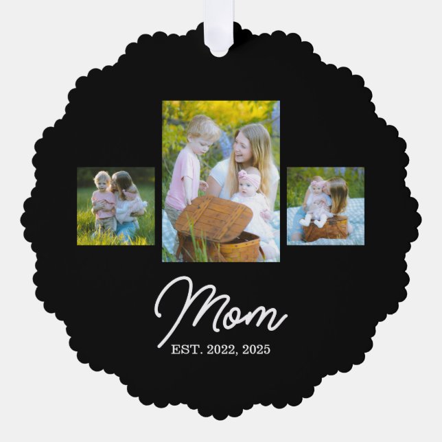 Mom Established Modern Script Black 3 Photo Ornament Karte (Vorderseite)