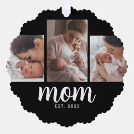 Mom Established Modern Script Black 3 Photo Ornament Karte