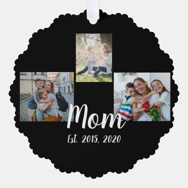 Mom Established Modern Script Black 3 Photo Ornament Karte (Vorderseite)