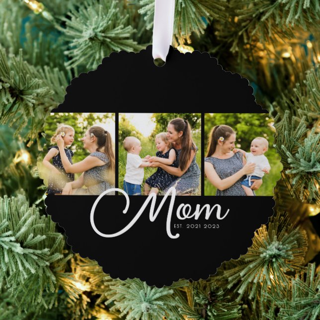 Mom Established Modern Script Black 3 Photo Ornament Karte (Insitu (Baum))