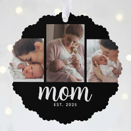 Mom Established Modern Script Black 3 Photo Ornament Karte