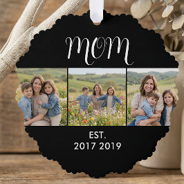 Mom Established Modern Script Black 3 Photo Ornament Karte
